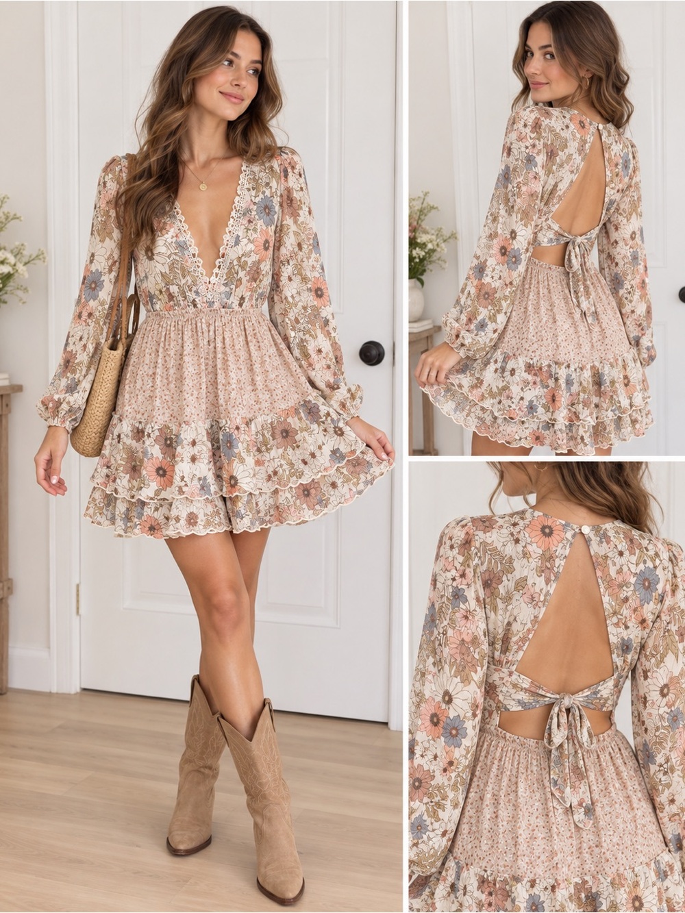 NWT Boho Low V Cut Open Back Dress Long Sleeve RuffleCottagecore Size S/M
